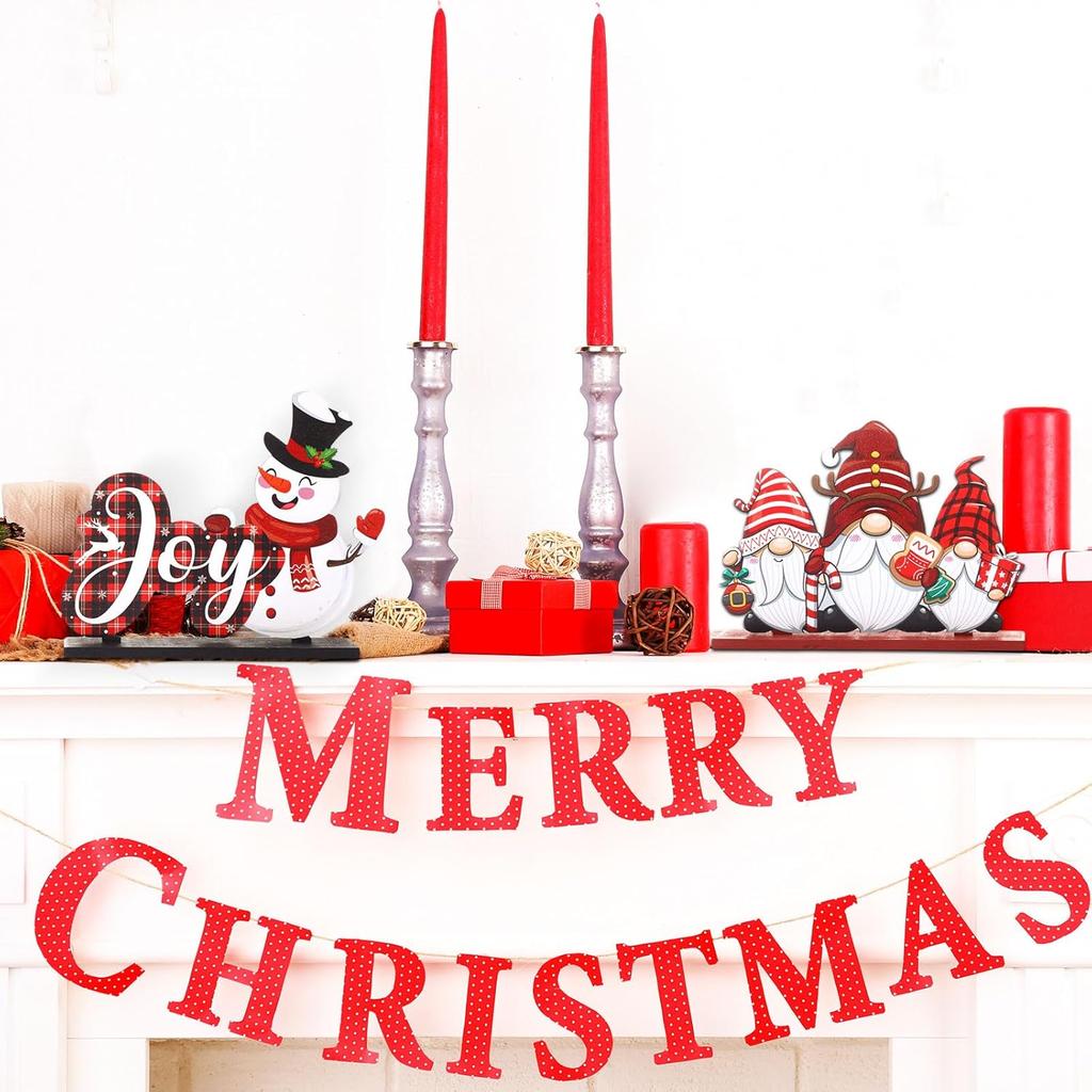 Huwena 5 Pcs Christmas Table Decorations Wooden Xmas Table Centerpiece Signs Joy Snowman Gnomes Table Signs Buffalo Plaid Christmas Decors for Winter