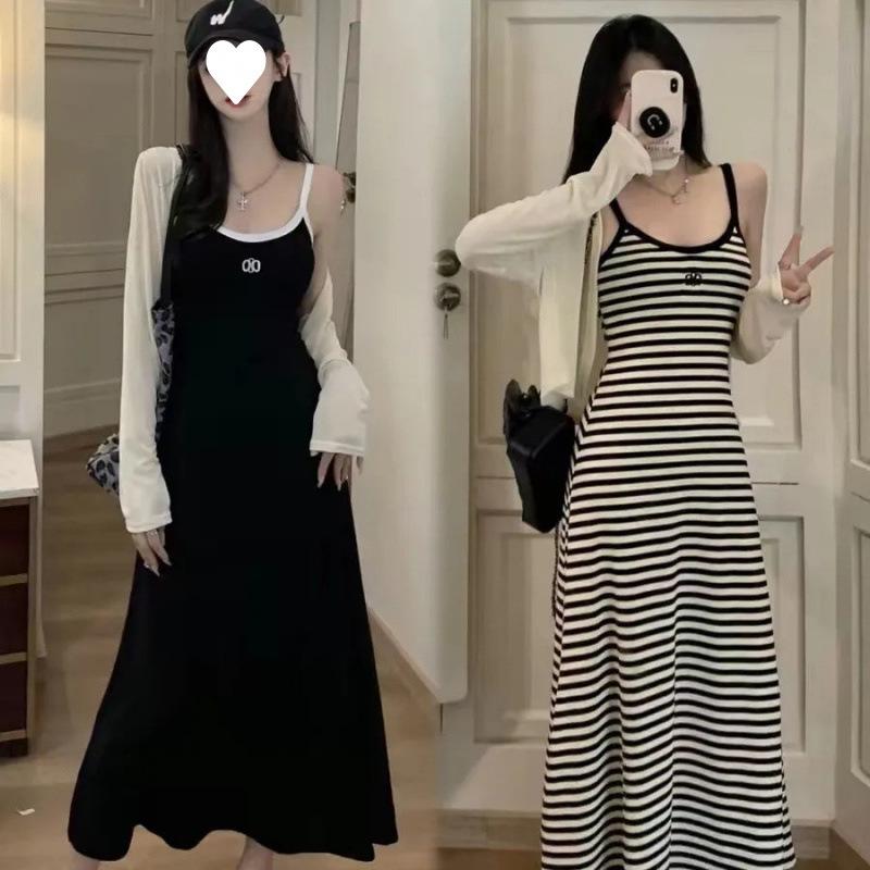Summer New Striped A-shaped Suspender Dress Women's Korean Casual Versatile Slim Waist and Thin Dress