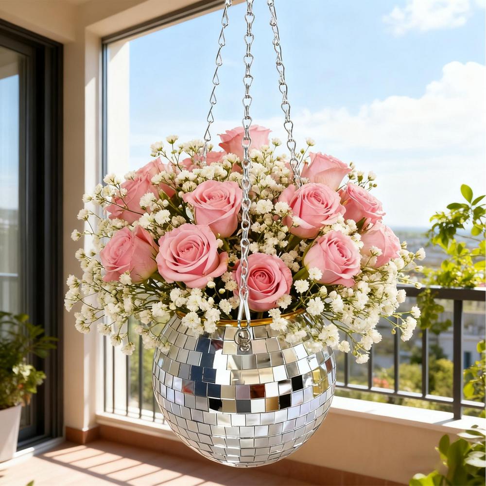Disco Ball Planter Christmas Pots with Chain Indoor Reflective Mirror Plant Hanger for Living Room Balcony Garden Yard Backyard