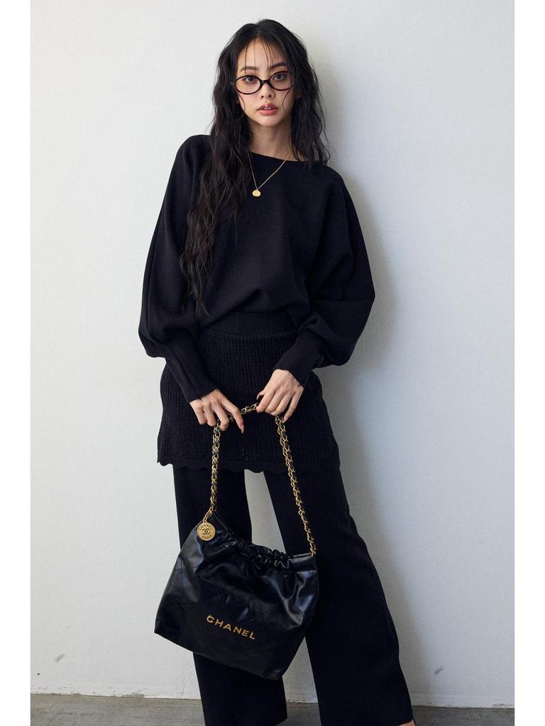 Relaxed Batwing Sleeve Top & Crochet Long Pants Knit Set