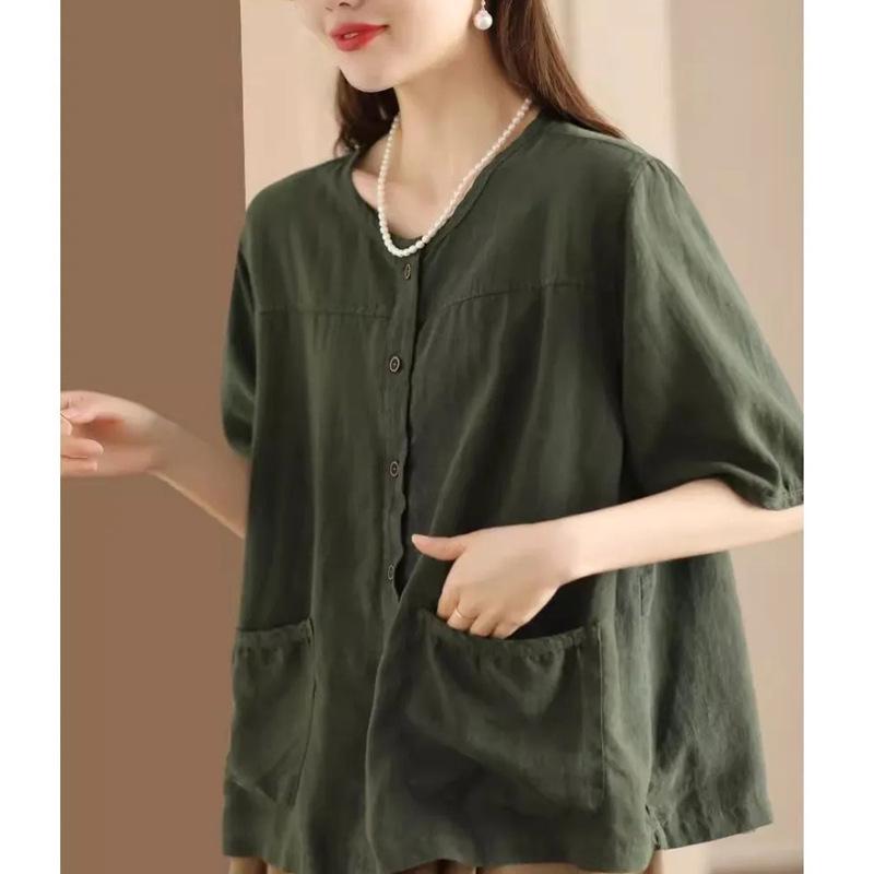 Women's 2024 Summer Cotton Linen Mid-Sleeve Cardigan Shirt - Casual, Slimming, Single-Breasted Design