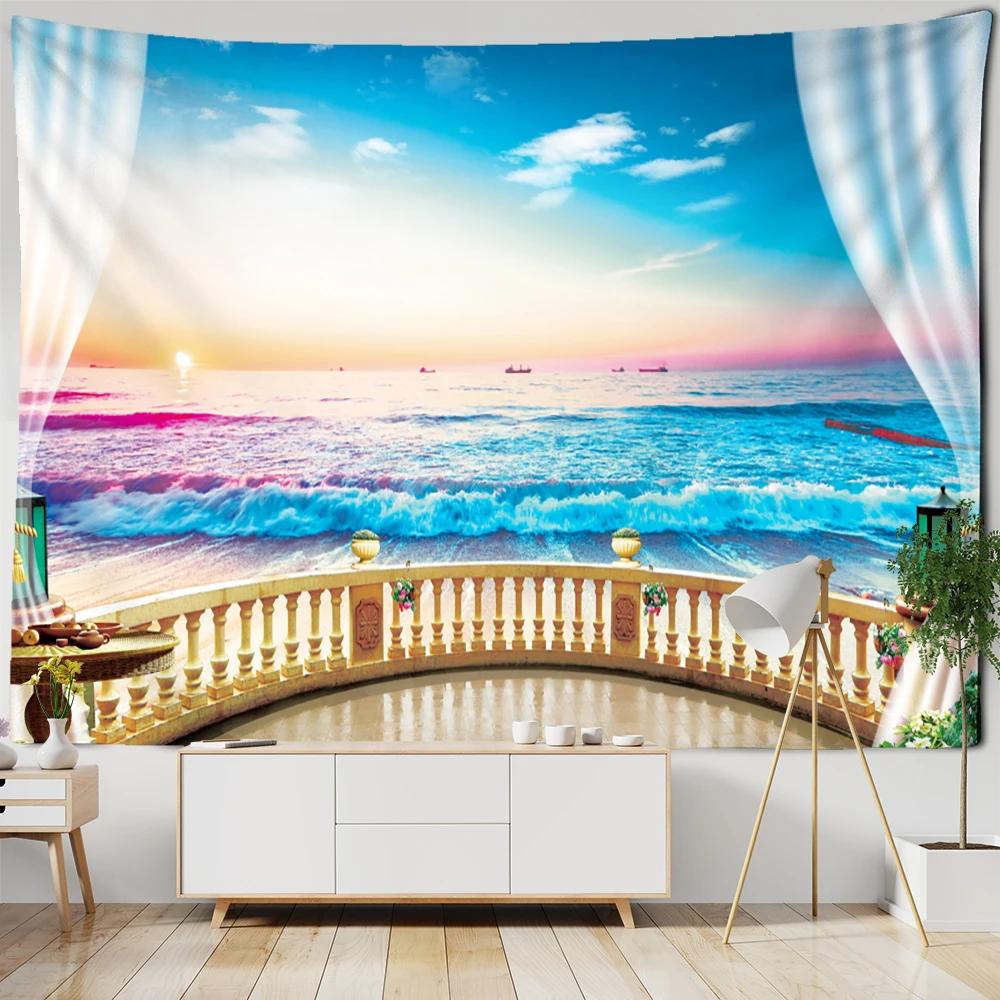 Imitation Window Landscape Painting Tapestry Wall Hanging Bohemian Natural Scenery Hippie Living Room Home Decor