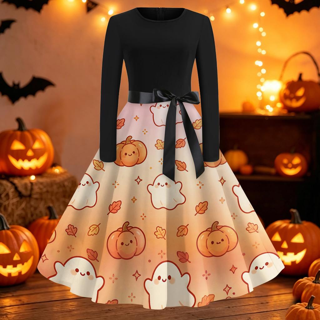 Womens Casual Long Sleeve Dress Halloween Print Fit and Flare A Line Dress with Round Neck and Waist Tie Belt for Everyday Wear