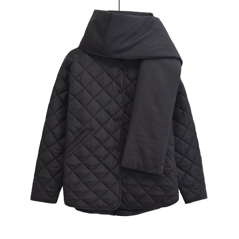 Womens Oversized Quilted Cotton Puffer Coat With Scarf Collar Casual Streetwear Winter Jacket