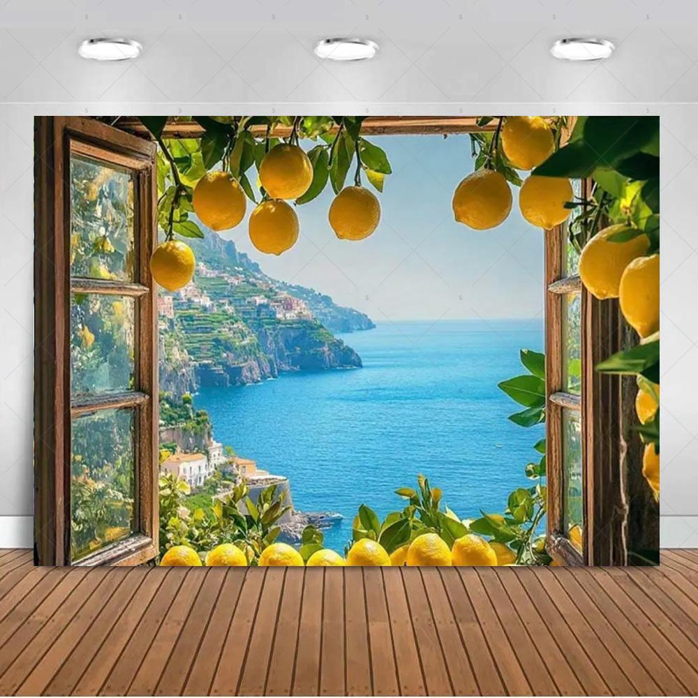 Seaside Town Lemon Tree Background Banner Open Window Landscape Backdrop Supplies Photography Prop Birthday Party Decorations