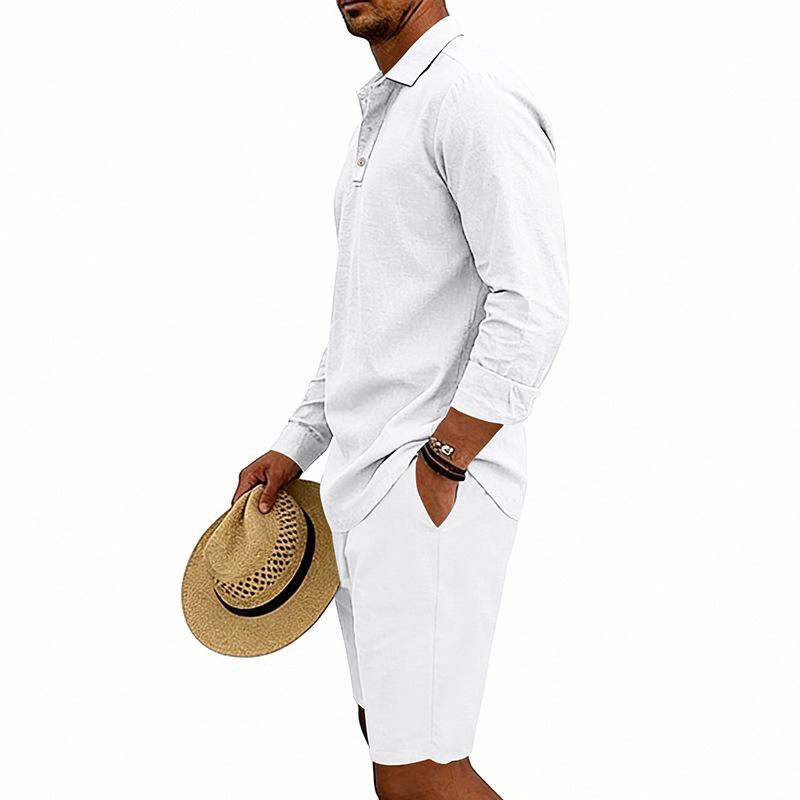 Men's Linen Summer Casual Long-Sleeve Polo Shirt and Shorts Set