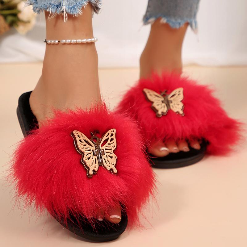 Fashion Lovely Butterfly Detor Cotton Slippers Women Soft Faux Furry Plush Slippers Woman Winter Open Toe Slip On Fur Slides Female