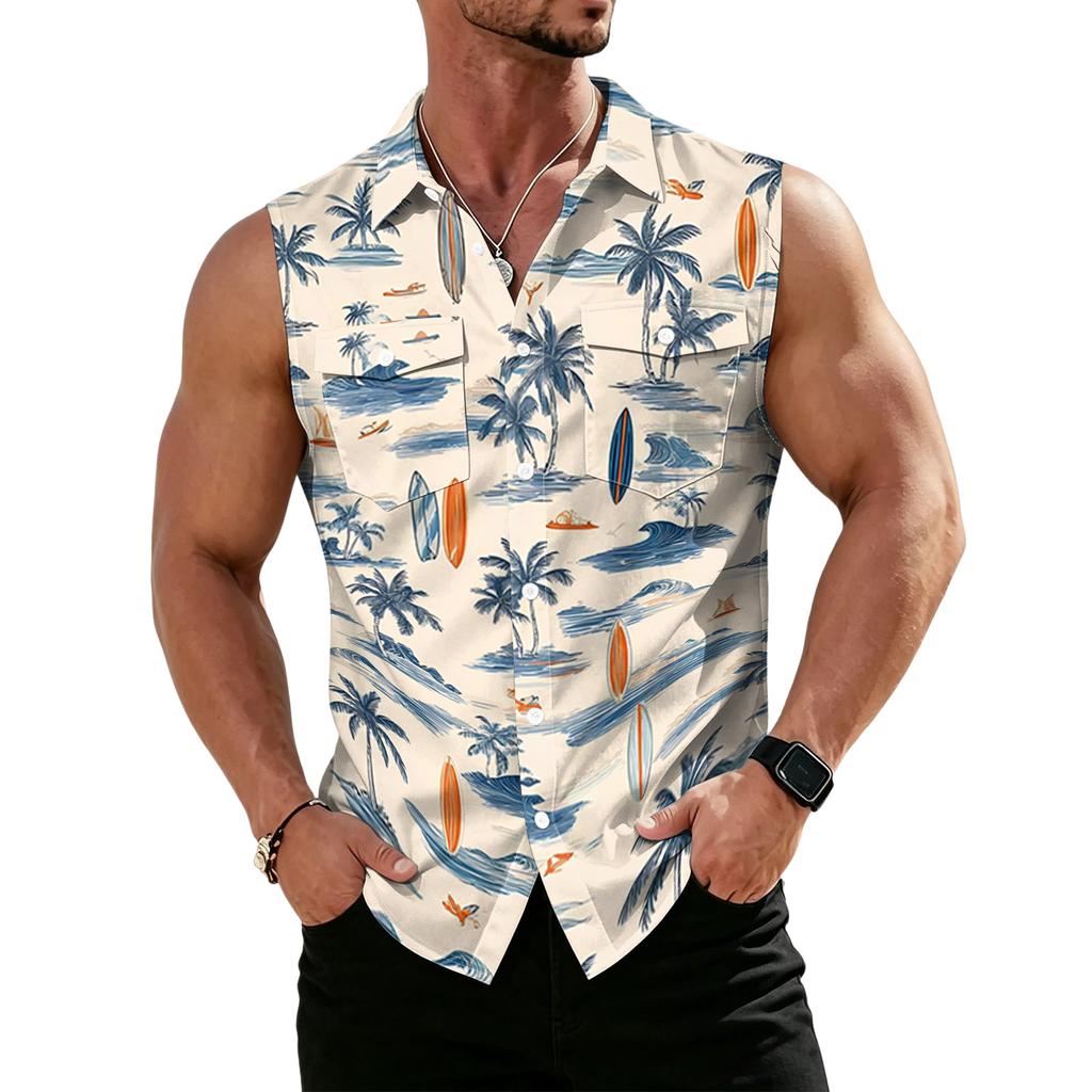 Men's Workwear Lapel Button-Down Vest Shirt - Lightweight Sleeveless Top