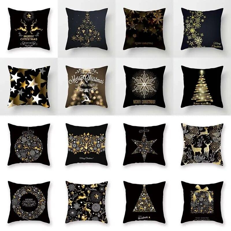 

Christmas decoration cushion cover black gold elk print pillowcase sofa ornaments bedroom room home decoration holiday gift