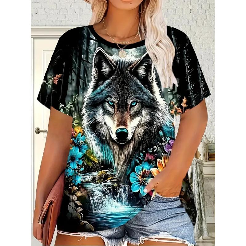 T-shirt Women Wolf Print Tees O Neck Loose Short Sleeve Blouse Female Fashion Animal Graphic Tops Harajuku Streetwear