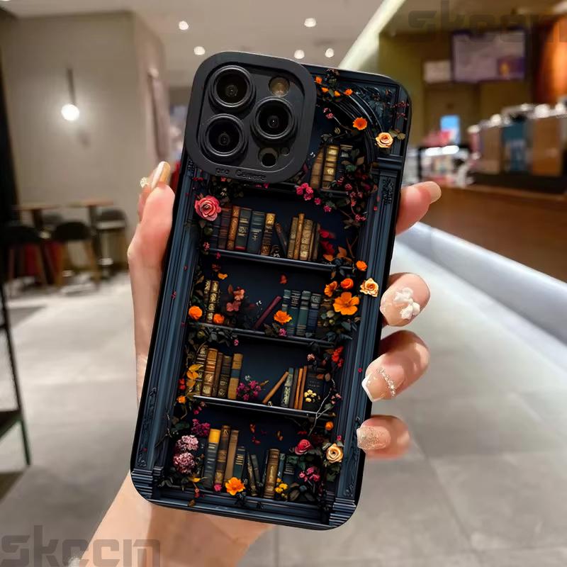 Vintage Purple Bookcase Painted Phone Case For iPhone 16 15 14 13 12 11 Pro Max Mini XS X XR 7 8 16 Plus Silicone Soft Cover