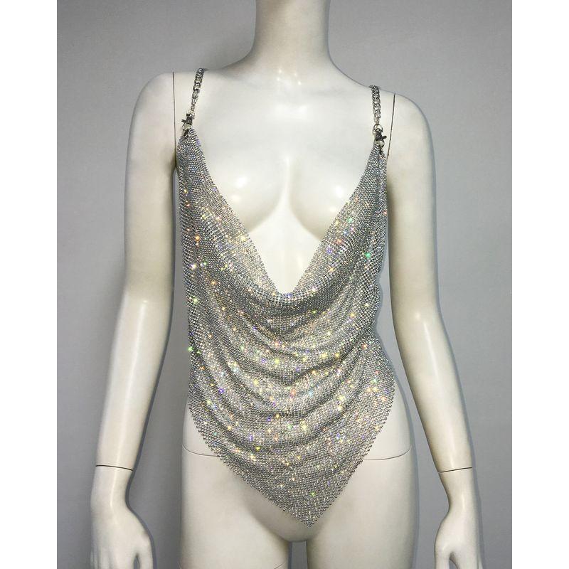 Sexy Irregular Vest Spring Women's Metal Rhinestone Tops Sexy Asymmetrical Vest Chain Sling