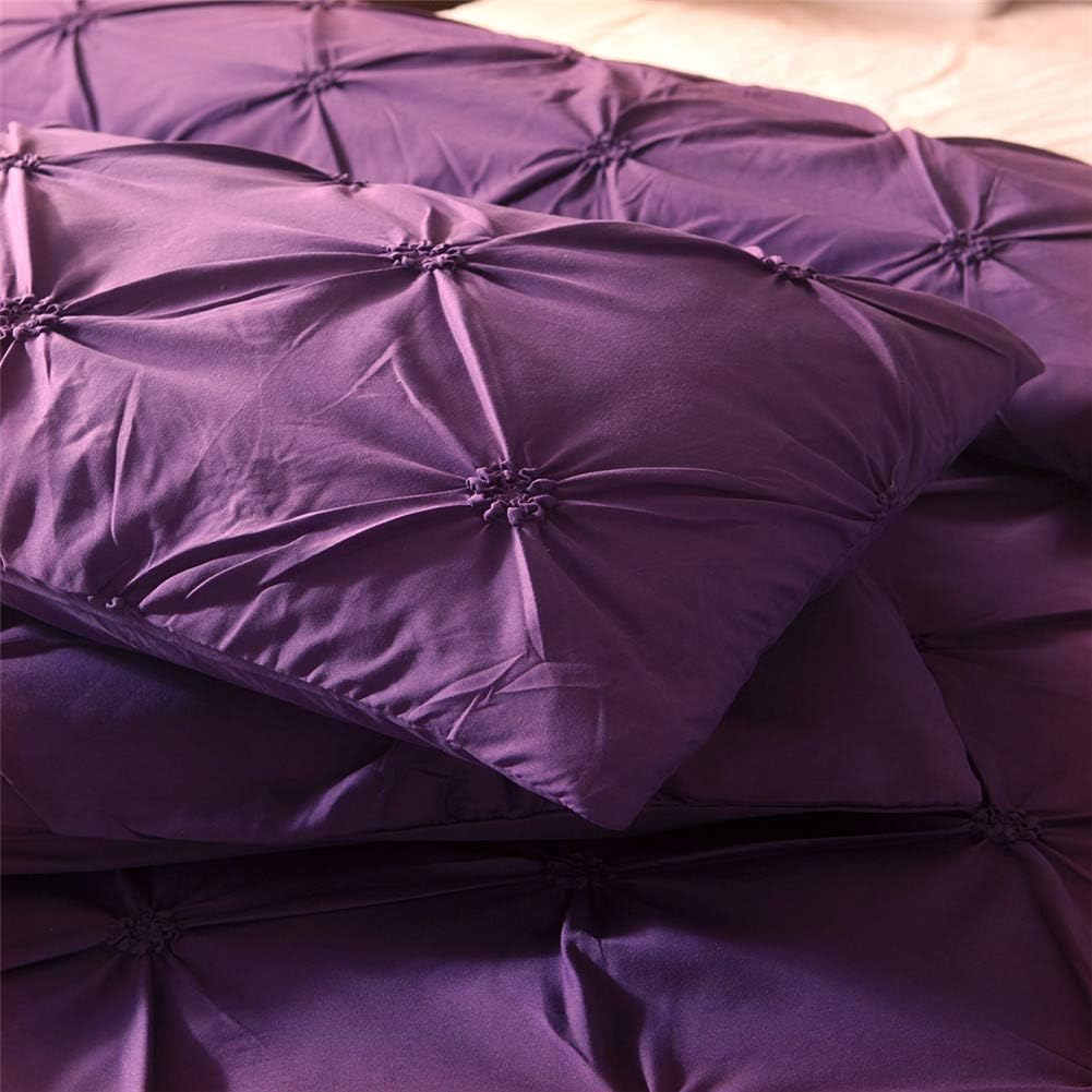 Feelyou Raffung Bettbezug Set King Size Lila Pinch Pleat Bettbezug Tuft-Design Bettwäsche Set Reißverschluss Weiches Polyester Bettdeckenbezug mit
