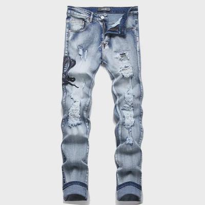 European Style Blue Cobra Embroidery Slim-Fit Men's Jeans