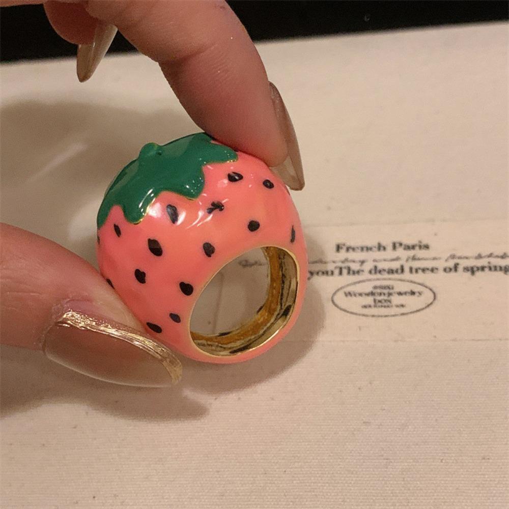 Strawberry Drip Oil Ring Cherry Fruit Enamel Ring Fashion Design Painting Ring  Women