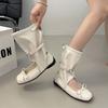 2025 summer new Korean niche ballet wind-cool boots women's round head bow mid-tube boots hollow western pile boots