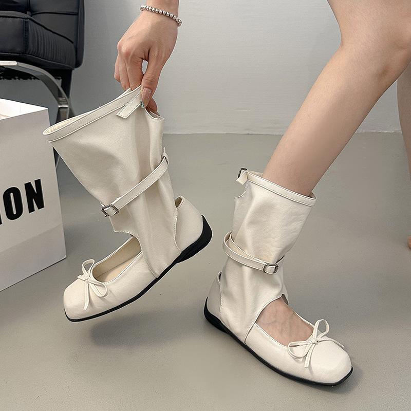 2025 summer new Korean niche ballet wind-cool boots women's round head bow mid-tube boots hollow western pile boots