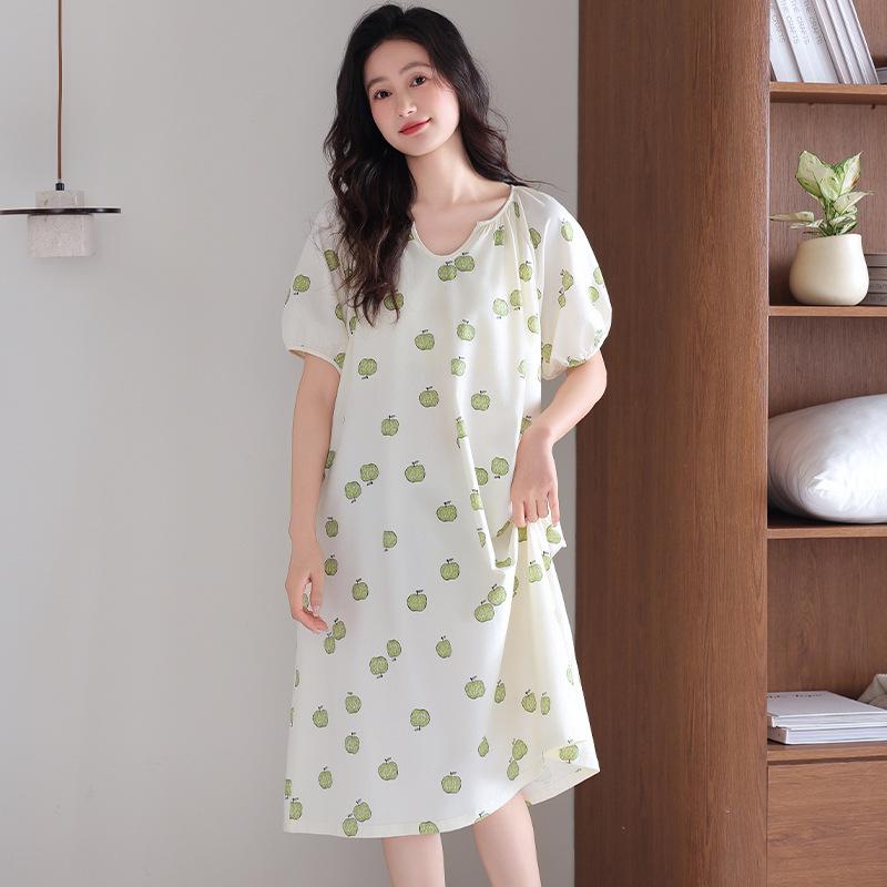 Pajamas Women's Summer with Chest Pads Short Sleeves Cotton Pajamas Skirts Long Summer Thin Maternity Large Size Dresses
