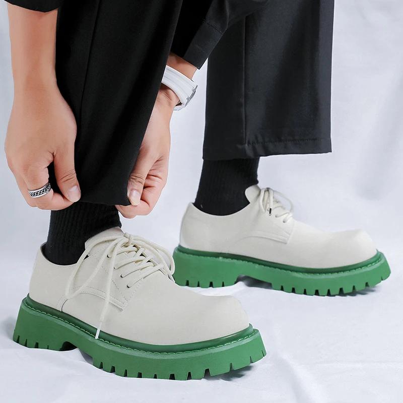 Fashion Brand Men's Lace Up Oxford Shoes Thick Sole Business Wedding Shoes Round Toe Green Sole Platform British Outdoor Casual Shoes