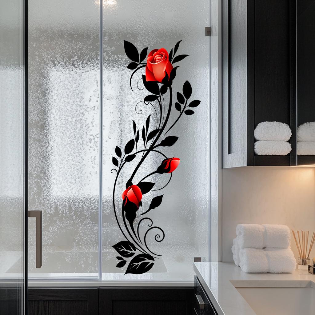 Badezimmer Rote Rosenranke Fensteraufkleber Valentinstag Romantische Dekoration Glasaufkleber Selbstklebend