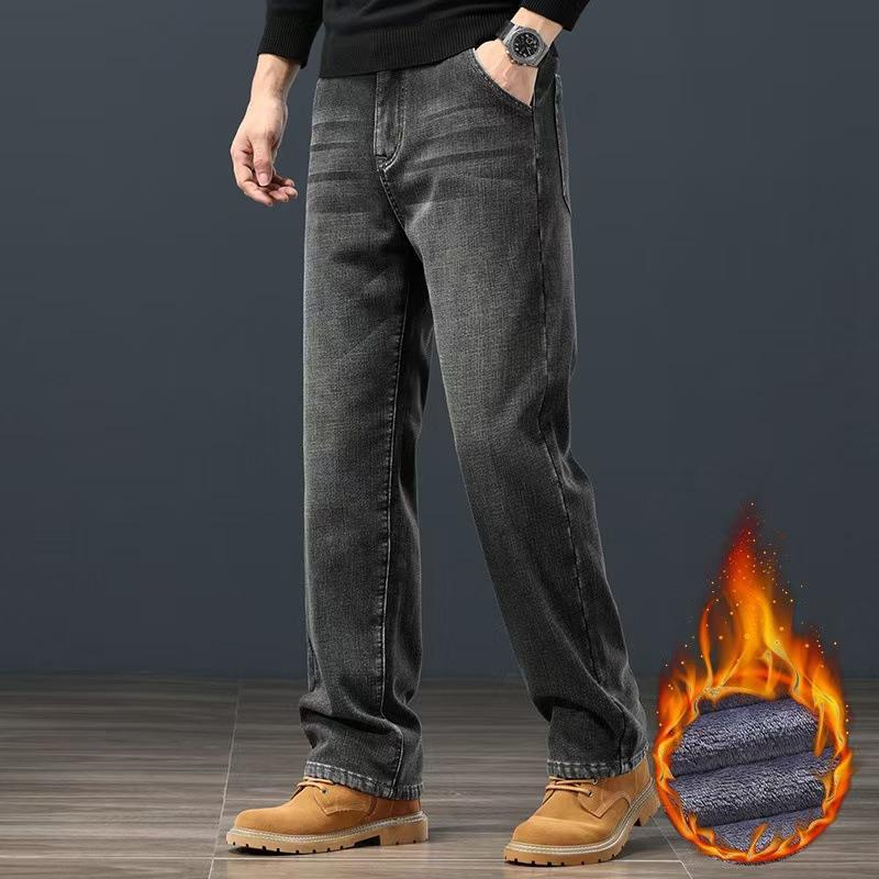 Winter Fleece Herren Jeans Klassisch Locker Gerade Warm Verdickt Hosen Business Casual Samt Elastisch Denim Hosen Übergröße 42 44