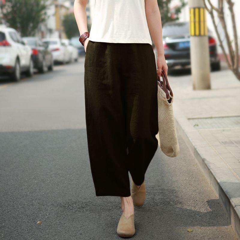 

Jiharen Women s Artistic Slimming Straight-Leg Cotton Linen Trousers L (105-120 jin) чёрный