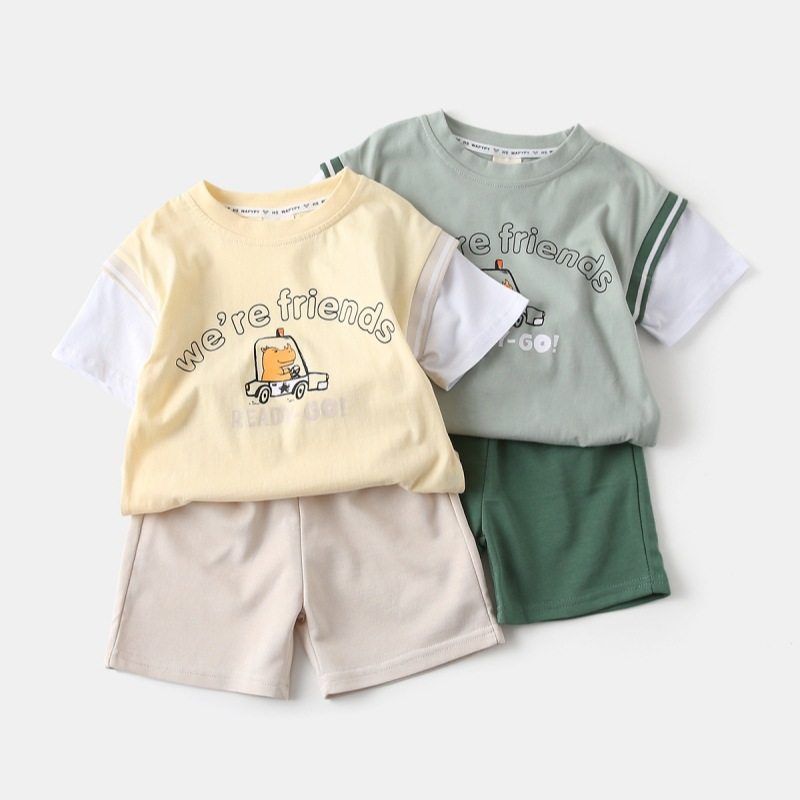 Boy Summer Short-Sleeved Top Suit Baby Cartoon Hippo Car Two-piece Set Kids Pure Color Shorts Clothes
