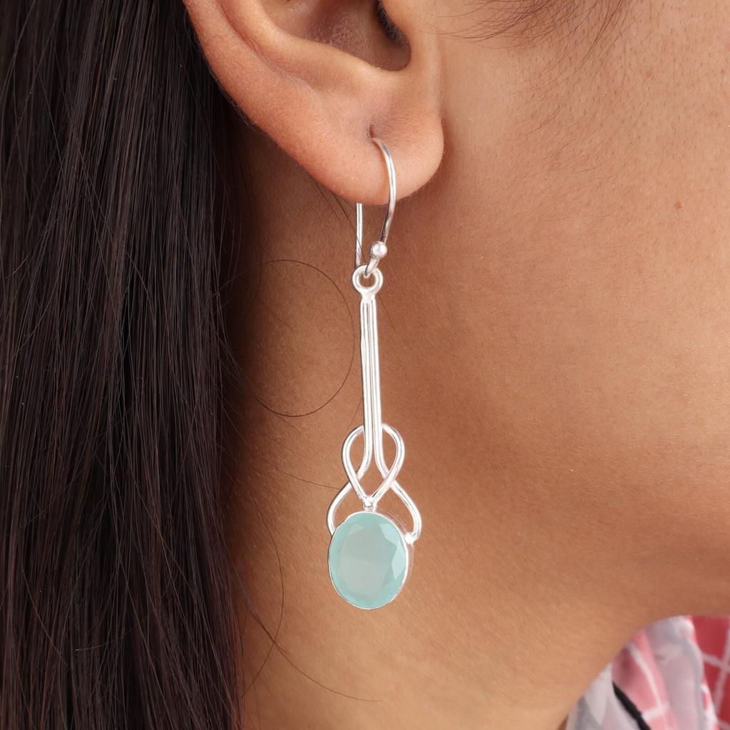 Aqua Chalcedony Gemstone 925 Sterling Silver Jewelry Handmade Earrings 1.76" EE-171-17