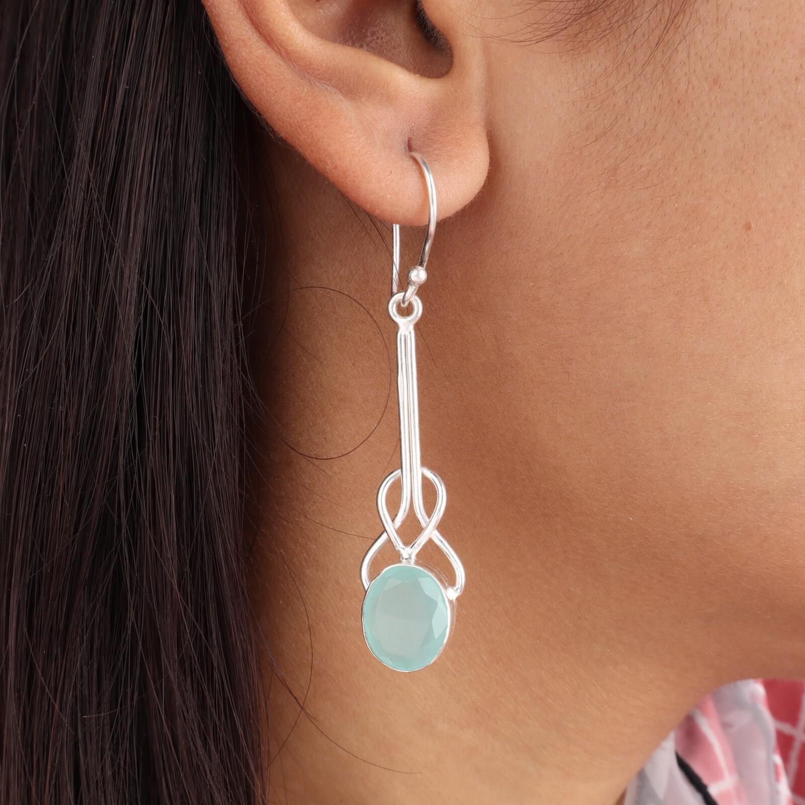 

Aqua Chalcedony Gemstone 925 Sterling Silver Jewelry Handmade Earrings 1.76 EE-171-17