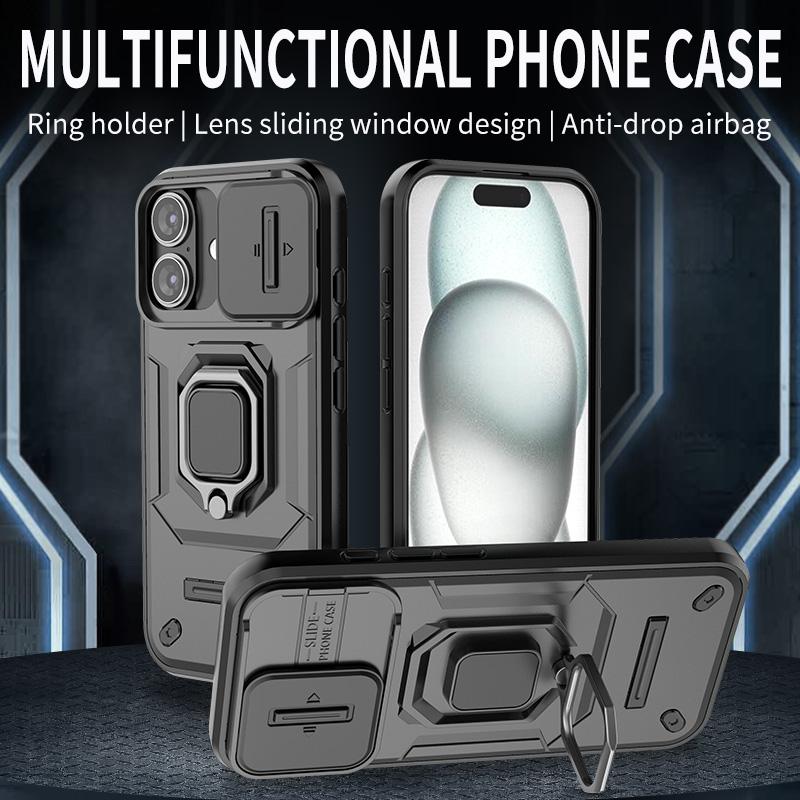 

Magnetic Metal Ring Holder Slide Camera Protection Case For iPhone 16 15 Pro Max 14 Pro 13 Hard PC Shockproof for Magsafe Phone Cover iPhone 16 чёрный