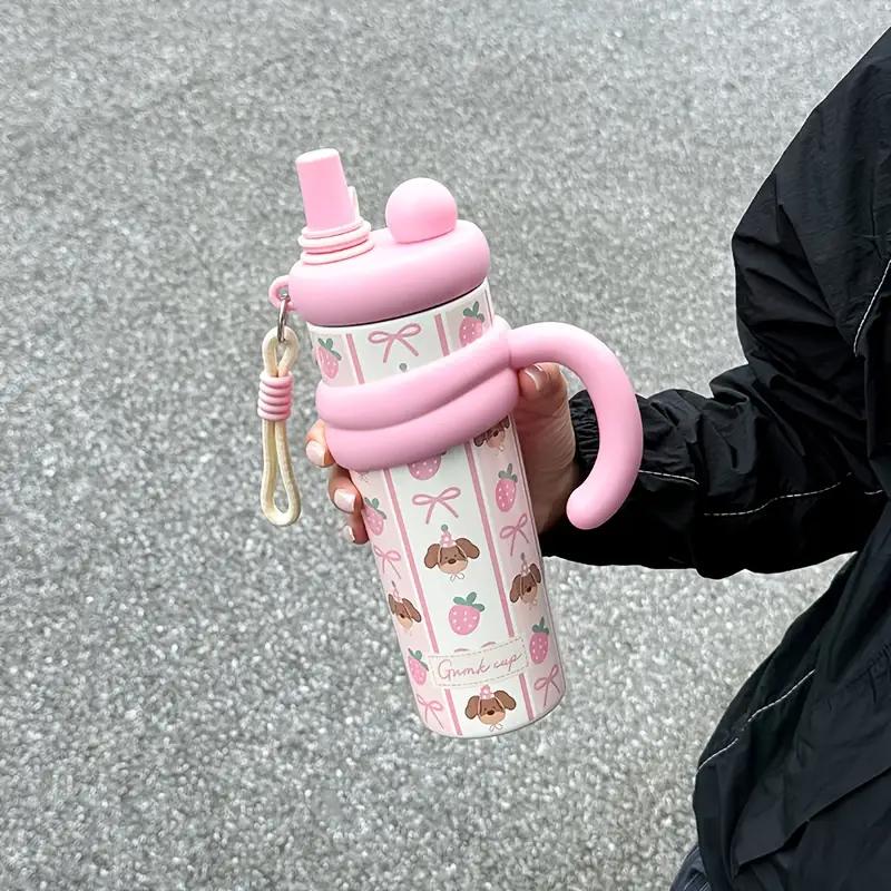 Cute Vacuum Thermos Bottle Double Wall Insulated Straw Tumbler Leakproof Tumbler with Handle Thermos for Car Camping Drinkware