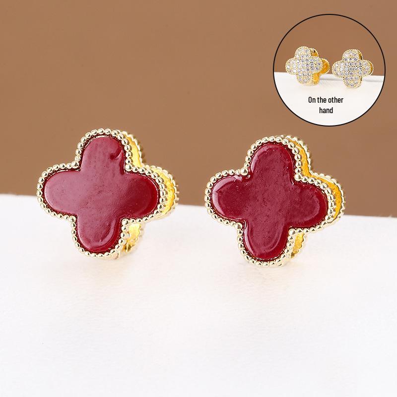 

Серьги-каффы Четырехлистный клевер с циркониевой микропаве красный/золотой