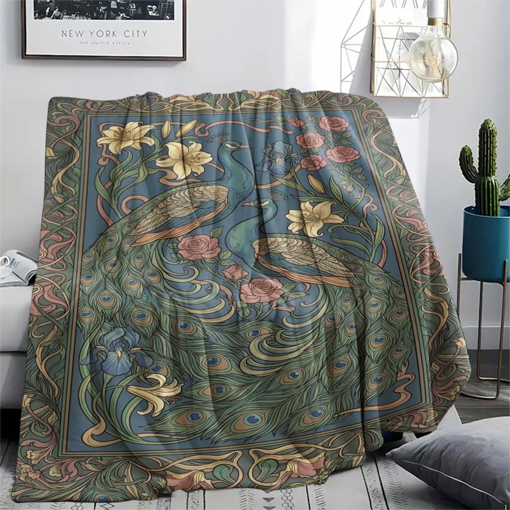 1Pc Peacock Print Flannel Blanket, High quality Comfortable for All Seasons, Home Decor, Warmth and Comfort, Perfect for Christmas Gifts W118