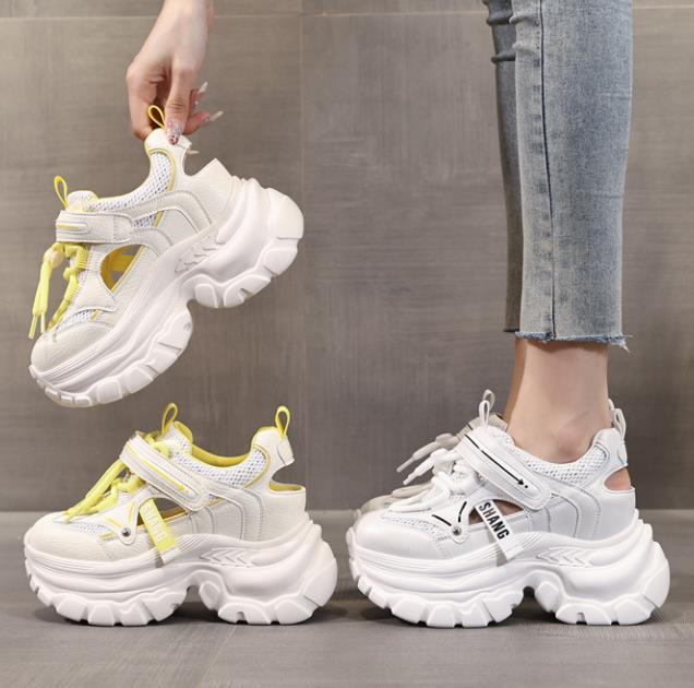 Fashion 9CM Air Mesh Microfiber Leather Ankle Boots Fashion Summer Chunky Sneaker Hollow Shoes High Brand Comfy Booties Women