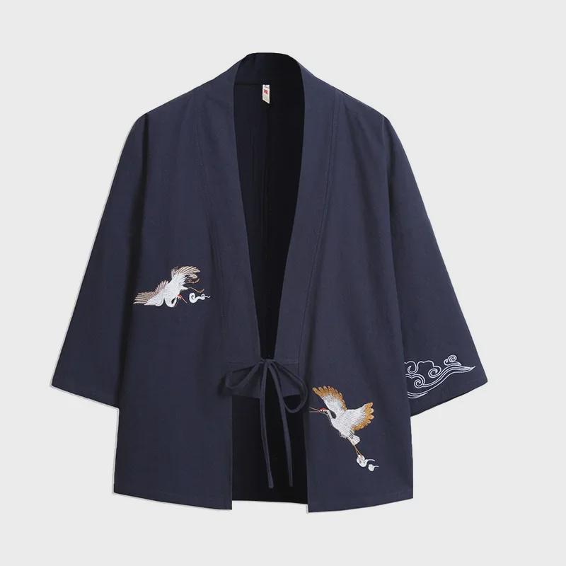 Men's Trendy Crane Embroidered Kimono Cardigan: Spring/Summer Ancient Style Loose-Fit Hanfu Robe