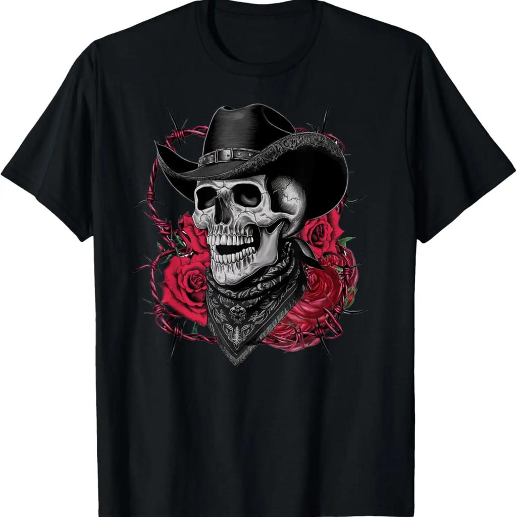 Goth Design Western Skeleton, Roses and Cowboy T-Shirt