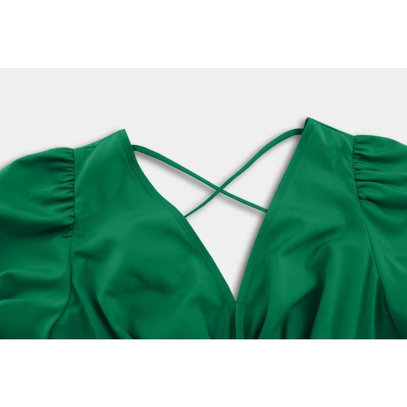 Letní tenké plisované šaty s krátkým bublinkovým rukávem s výstřihem do V