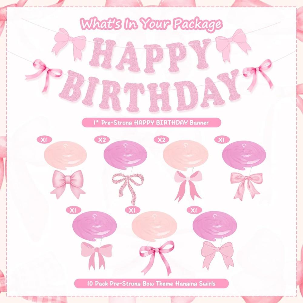 Bow Theme Happy Birthday Banner Paper Backdrop Decor New Hanging Garland  Party Supplies
