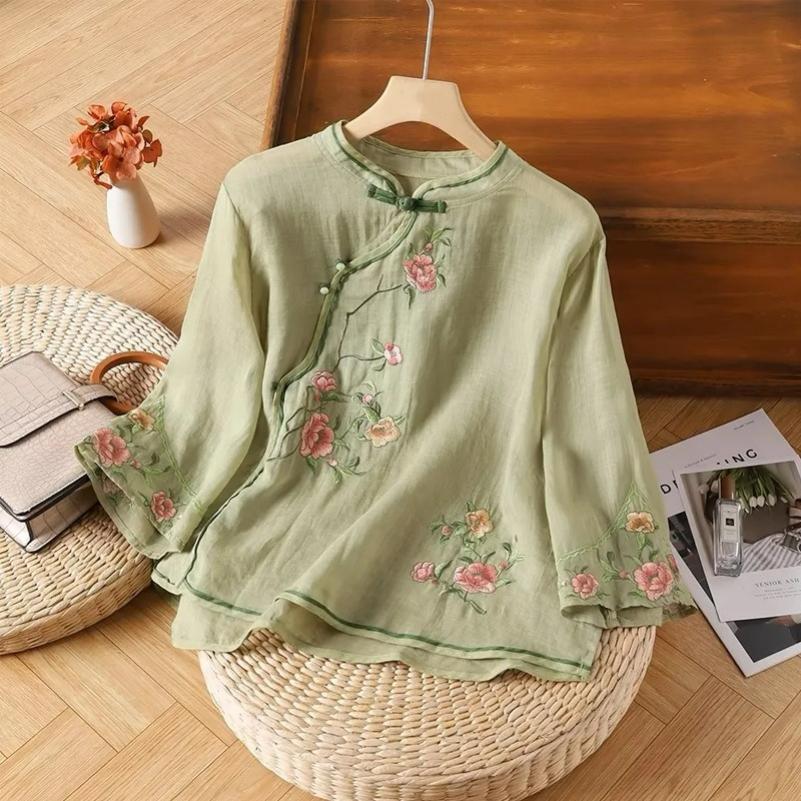 Blusa da Donna in Cotone e Lino Stile Etnico Cinese Ricamata Retro Abbottonatura Diagonale Fibbia Maniche a Tre Quarti Letteraria e Artistica