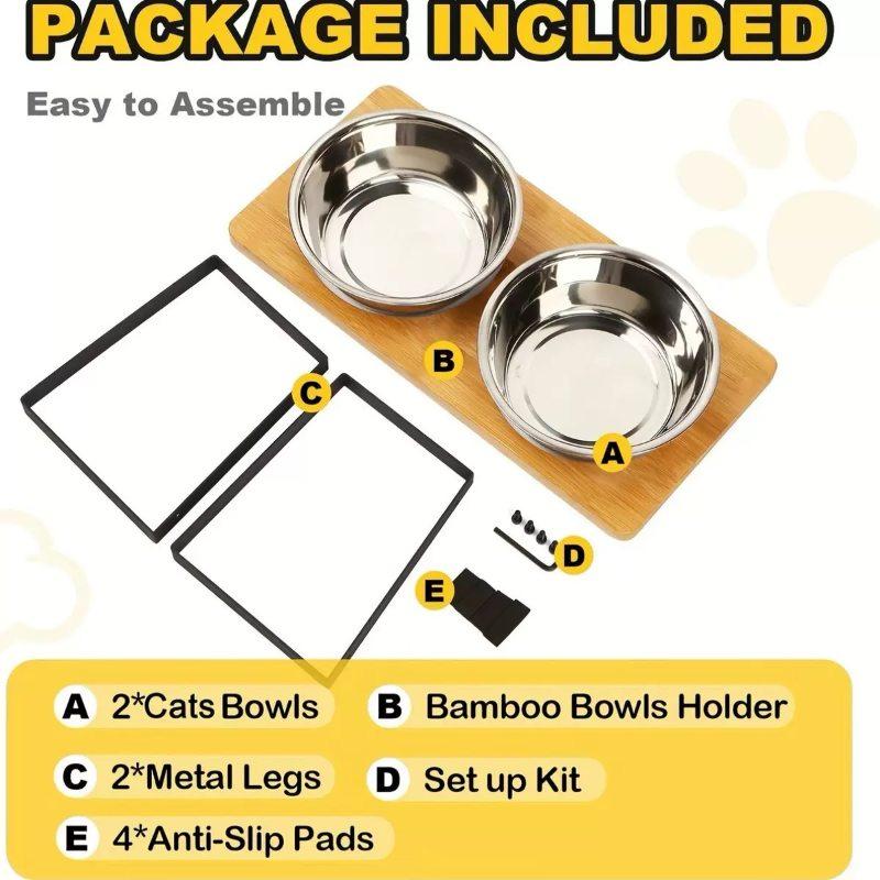 Elevated Cat Bowls 15° Tilted Raised Cat Food Bowls with Wooden Stand Anti Vomiting 2Stainless Steel Bowls for Cats and Puppy
