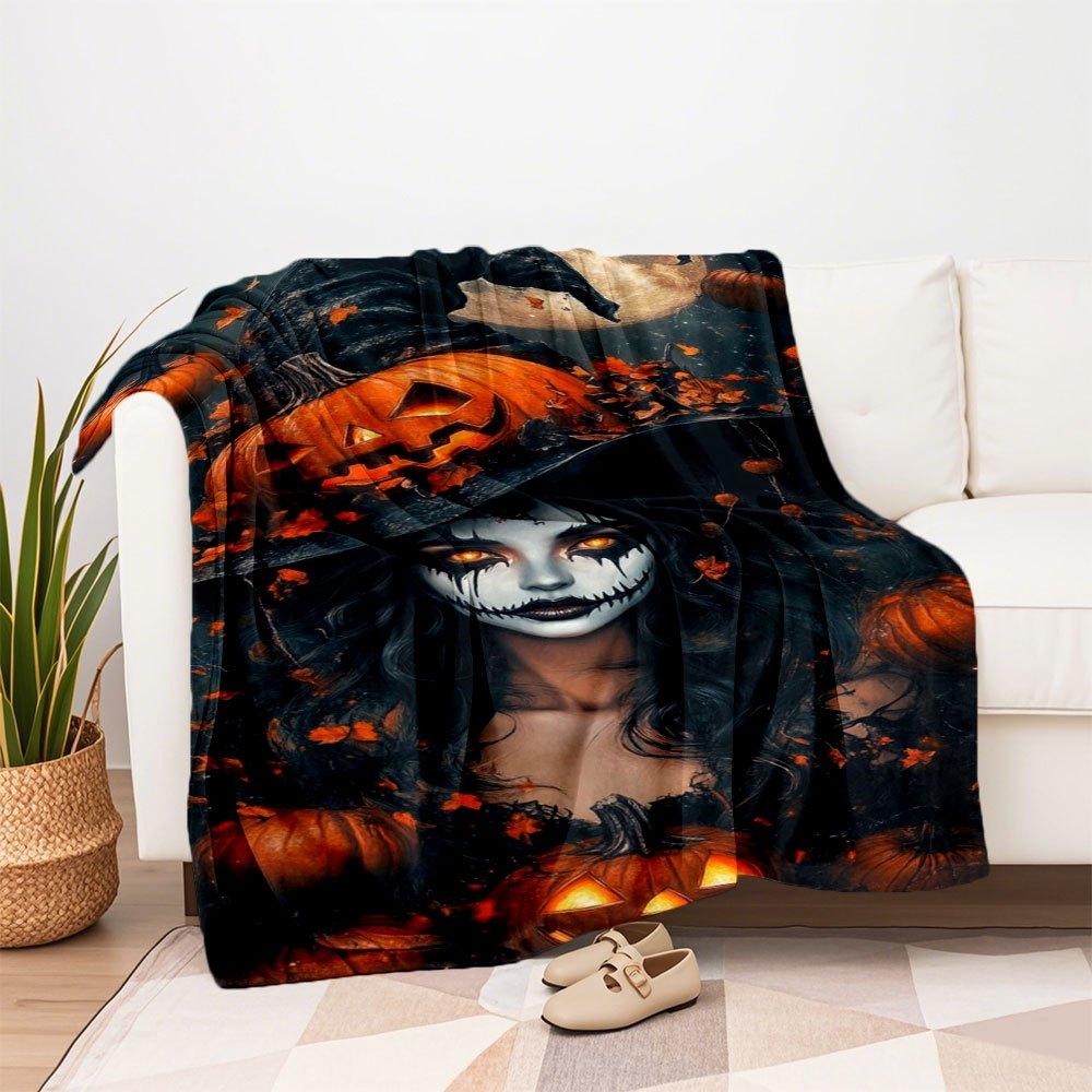 "Halloween Witch Costume with Jack-o'-Lantern Hat"Blanket Flannel Throw Blanket for Sofa, Bed, Travel, Camping, Office