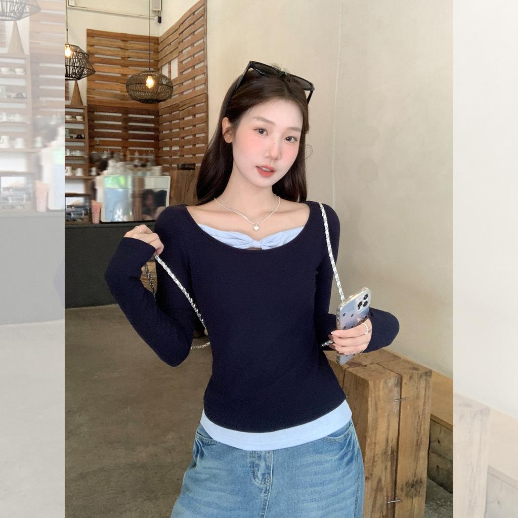 Fake two-piece contrasting color splicing design sense long-sleeved T-shirt women's autumn new slim-fitting and thin bottoming shirt top