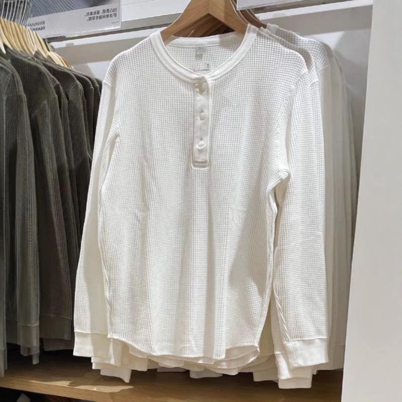 Men Women Long Sleeve Pullover T Shirt Waffle Knit Henley Neck