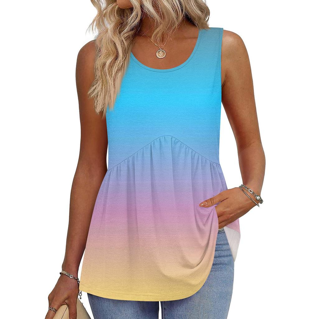 Square Collar Tank Top Women Print Tank Tee Casual Loose Fit Sleeveless Shirt