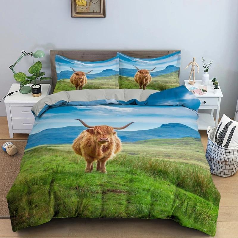 Highland Scottish Cows Duvet Cover Set Farm Animal King Queen Comforter Cover Wildlife Bedding Set 2/3pcs Polyester Quilt Cover