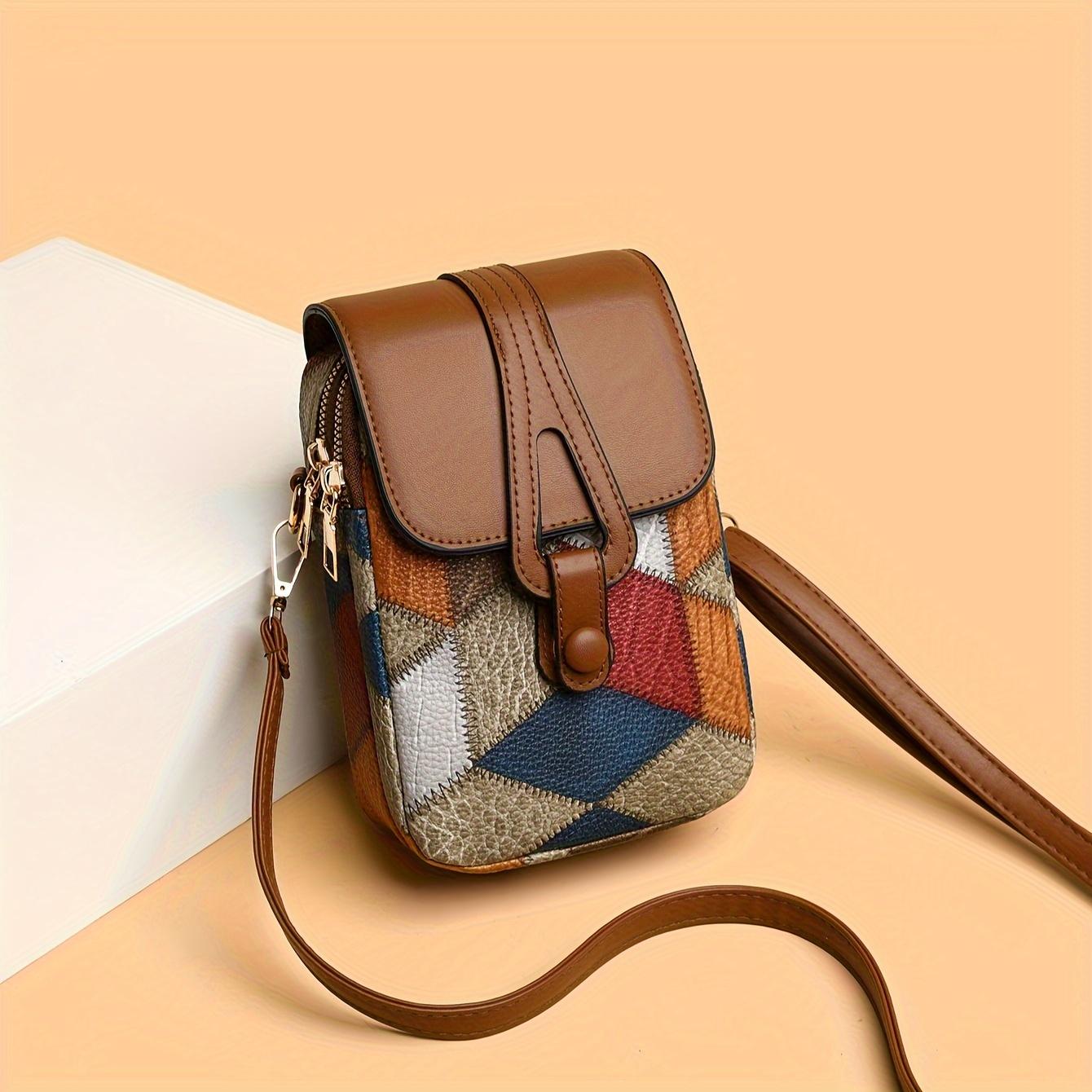 Color-blocked diamond-patterned decorative fabric flap crossbody bag, suitable for women s daily use, crossbody phone bag, wallet, commuter bag. коричневый