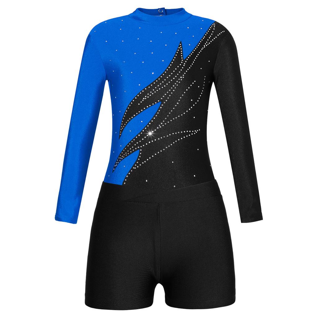 Kids Girls Stylish Clothing Set for Skating Training Wear Outfits Long Sleeve Contrast Color Leotards and Shorts