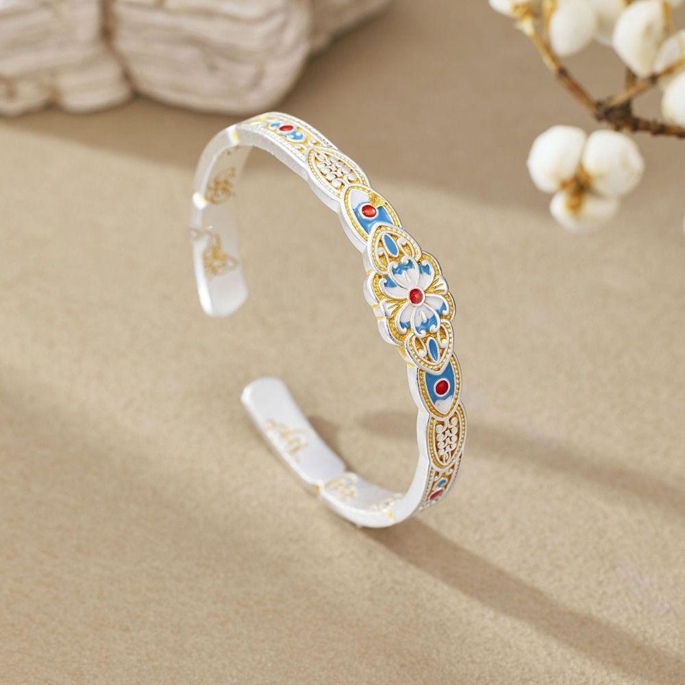 Flower Enamel Lotus Hand Bangle Hand Jewelry Retro Opening Hand Ring  Student