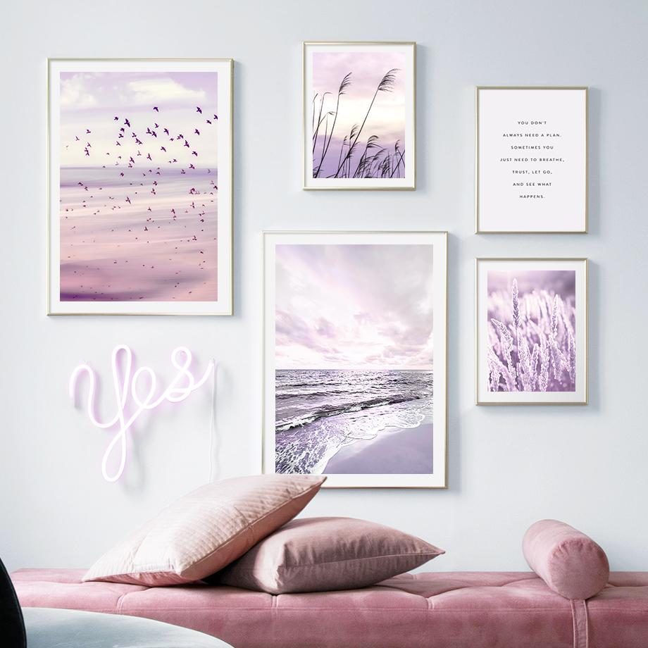 Purple Sea Beach Birds Reed Flower Landscape Wall Art Canvas Painting Posters And Prints Hotel Bar Picture for Living Room Decor