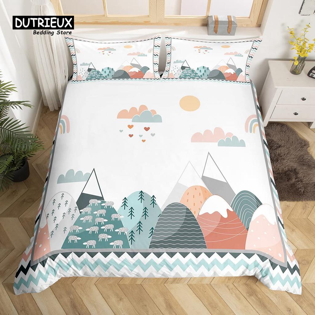 Cute Panda Duvet Cover Set Kawaii Rainbow Cartoon Animals Bedding Set Full Microfiber White Flowers Pink Heart Comforter Cover